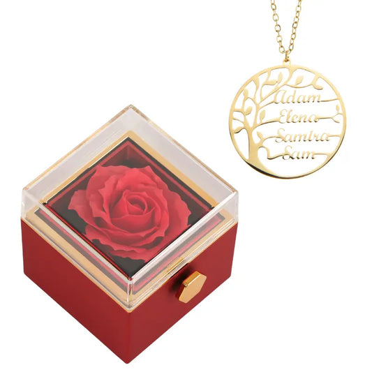 Coffret Rose Éternelle avec Collier Prénom Arbre Généalogique - Arbre de vie